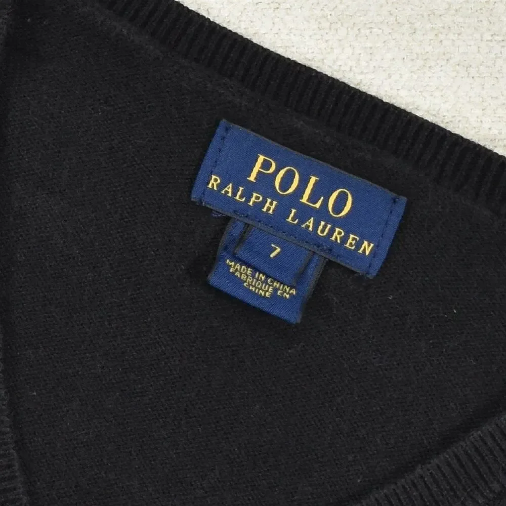 Polo Ralph Lauren Boys 7 Black V Neck Sweater Suede Elbow Patches Red Pony Knit